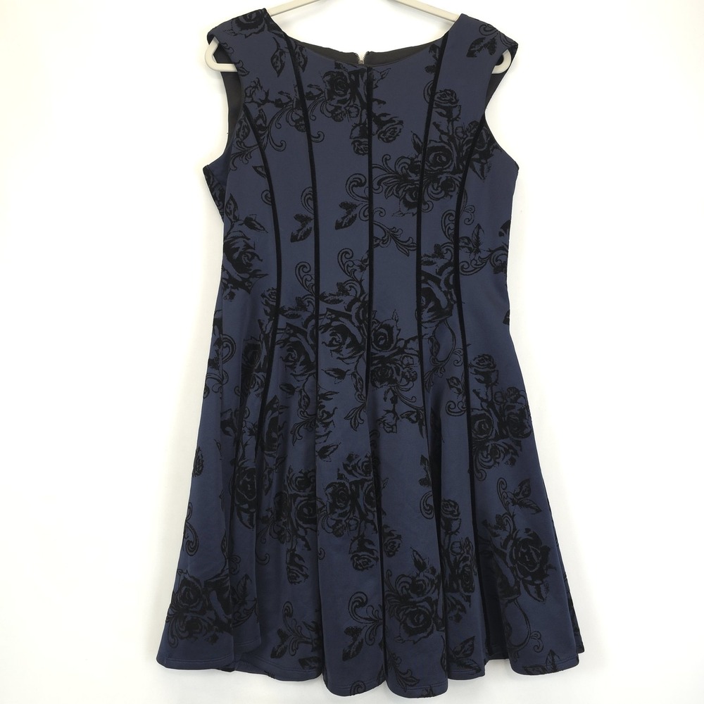 Gabby Skye Dress Women14 Navy Fit Flare Velvet Flocked Floral Sleeveless Festive
